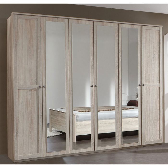 Cairo 6 Door Oak Wardrobe with Mirrors | Ample Storage & Modern Design | Furco