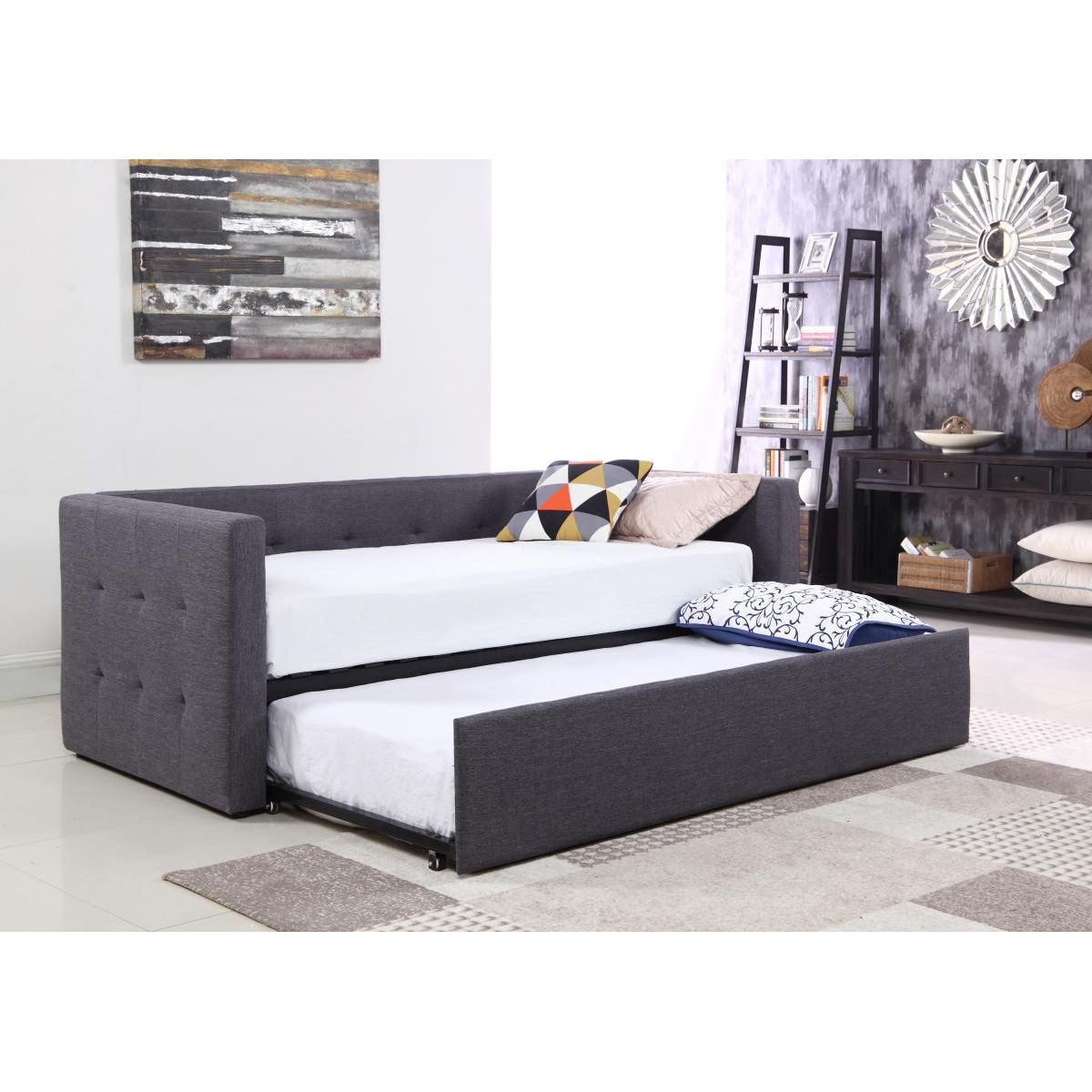 Bexhill Grey Linen Fabric Day Bed Trundle Sofa – Stylish & Multifunctional Design