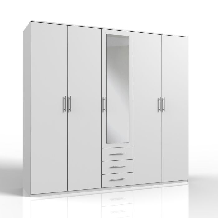 Furco Banha White 5 Door Wardrobe with Mirrors and 3 Drawers | Functional Bedroom Storage Solution