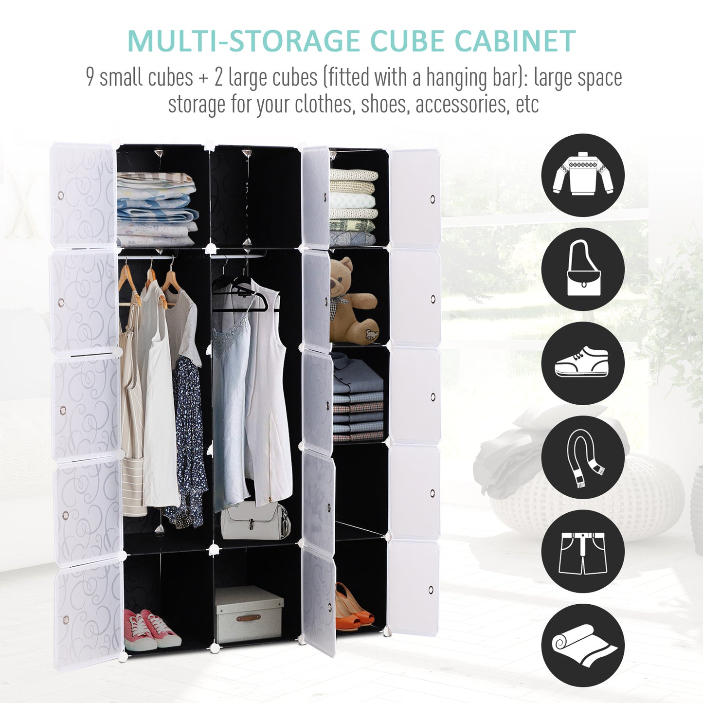 HOMCOM ortable Wardrobe for Bedroom, 15 Cube Closet with Hanging Rail, Modular Storage Cabinet, Plastic Armoire for Space Saving, White and Black