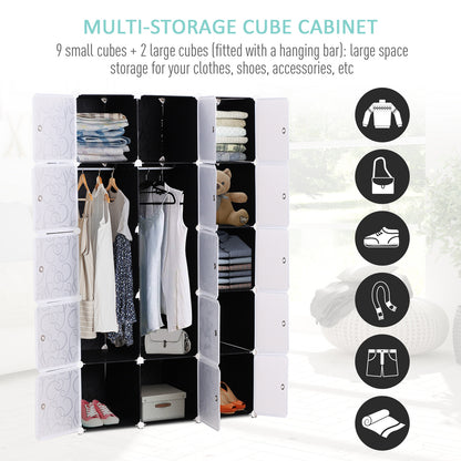HOMCOM ortable Wardrobe for Bedroom, 15 Cube Closet with Hanging Rail, Modular Storage Cabinet, Plastic Armoire for Space Saving, White and Black