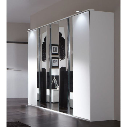 5-Door White Mirrored Wardrobe with Shelves and Hanging Rails - Contemporary Design