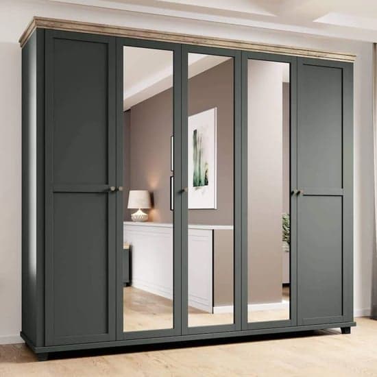 Eilat Hinged Wardrobe | Green | Mirror | 5 Doors | 246cm