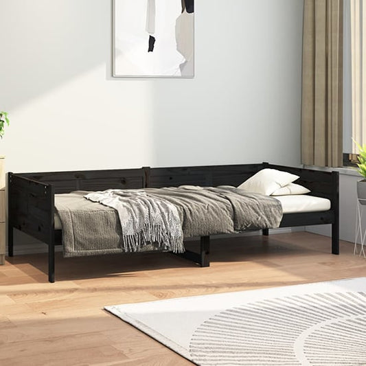 FURCO Black Solid Pine Wood Day Bed - Versatile Single Sofa Bed for Modern Living Spaces