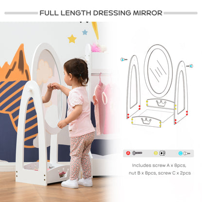 HOMCOM ree Standing Full Length Mirror, Child's Dressing Mirror with storage shelf, Children's White Bedroom Furniture 360° Rotation MDF, For 3- 8 Years Old, 40L x 30W x 104H cm