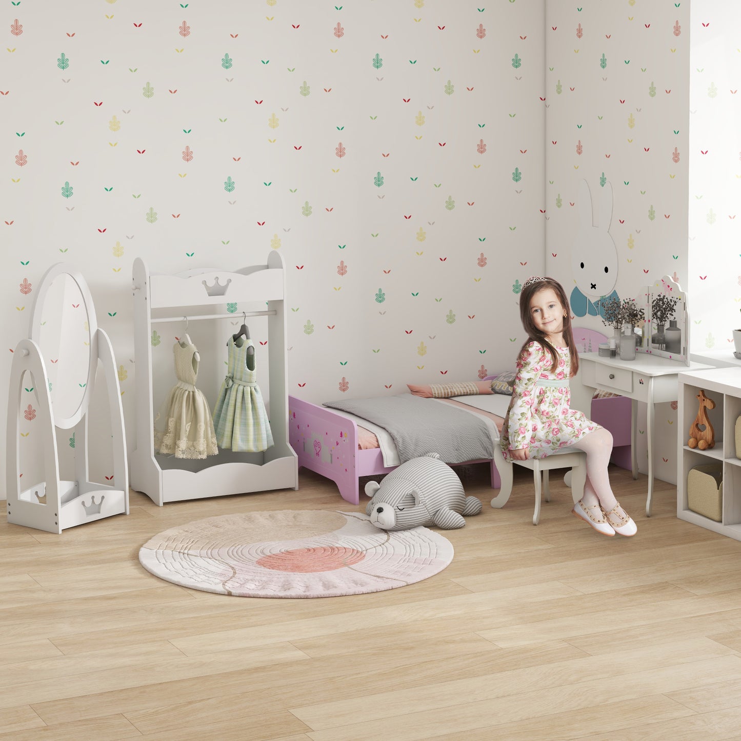 HOMCOM ree Standing Full Length Mirror, Child's Dressing Mirror with storage shelf, Children's White Bedroom Furniture 360° Rotation MDF, For 3- 8 Years Old, 40L x 30W x 104H cm