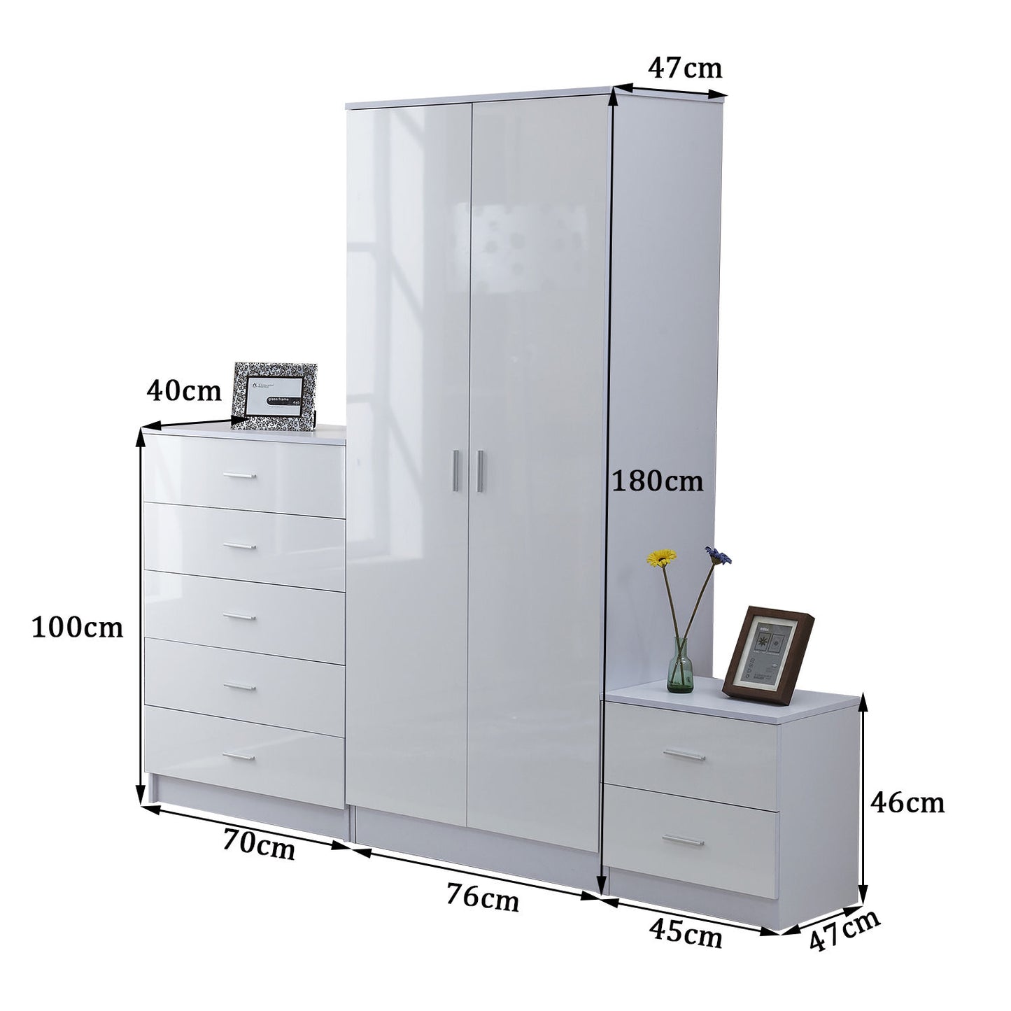 HOMCOM igh Gloss 3 Piece Trio Bedroom Furniture Set Wardrobe + Chest Of Drawer + Bedside White