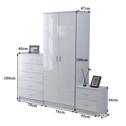 HOMCOM igh Gloss 3 Piece Trio Bedroom Furniture Set Wardrobe + Chest Of Drawer + Bedside White