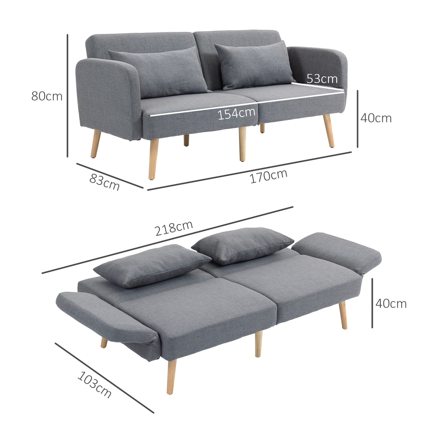 HOMCOM wo-Seater Click-Clack Sofa Bed, with Pillows - Grey