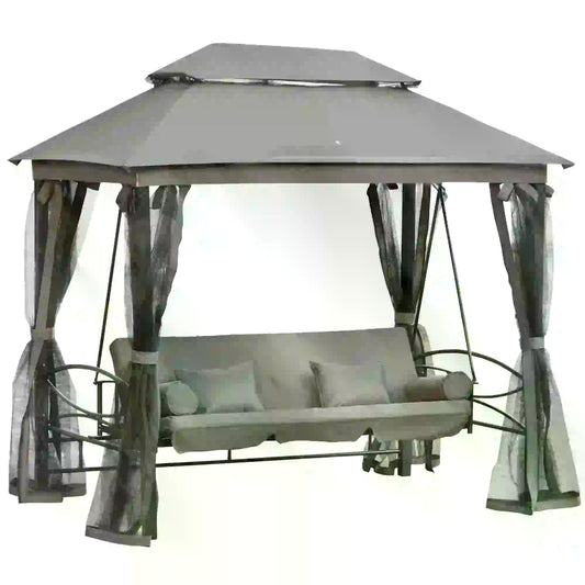 Outsunny 3 Seater Swing Chair 3-in-1 Convertible Garden Swing Seat Bed Gazebo Patio Bench Outdoor with Double Tier Canopy, Cushioned Seat, Mesh Sidewalls, Grey
