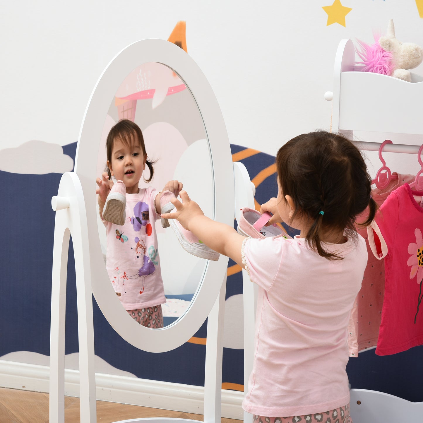 HOMCOM ree Standing Full Length Mirror, Child's Dressing Mirror with storage shelf, Children's White Bedroom Furniture 360° Rotation MDF, For 3- 8 Years Old, 40L x 30W x 104H cm