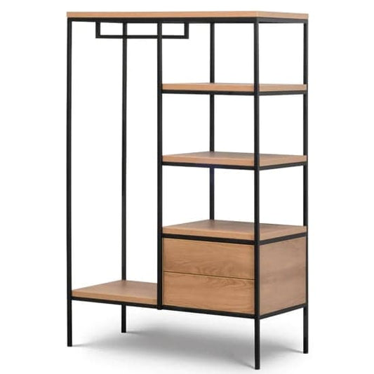 Lowell Caramel Oak Open Wardrobe with Storage Solutions and Metal Legs