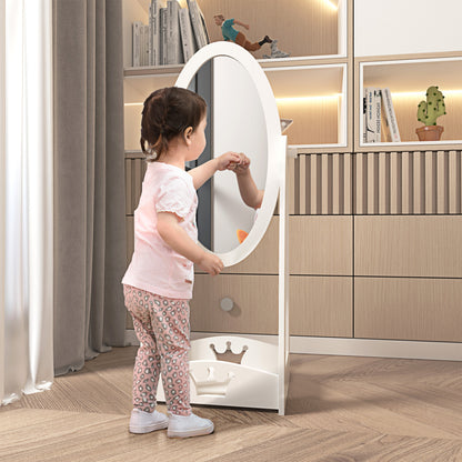 HOMCOM ree Standing Full Length Mirror, Child's Dressing Mirror with storage shelf, Children's White Bedroom Furniture 360° Rotation MDF, For 3- 8 Years Old, 40L x 30W x 104H cm