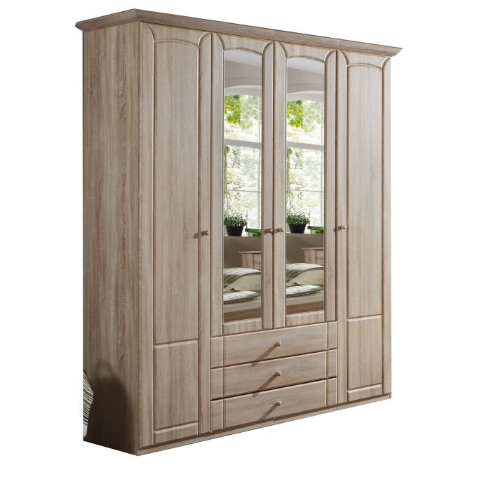 Vilma Mirrored Wardrobe with 4 Doors and 3 Drawers in Oak Finish | Modern Storage Solution