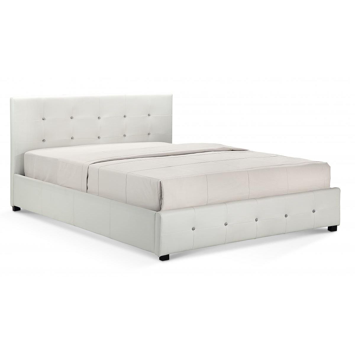 Quincy White PU Leather Ottoman Bed Frame with Crystal Detail - Chic Storage Solution - Double 4ft6
