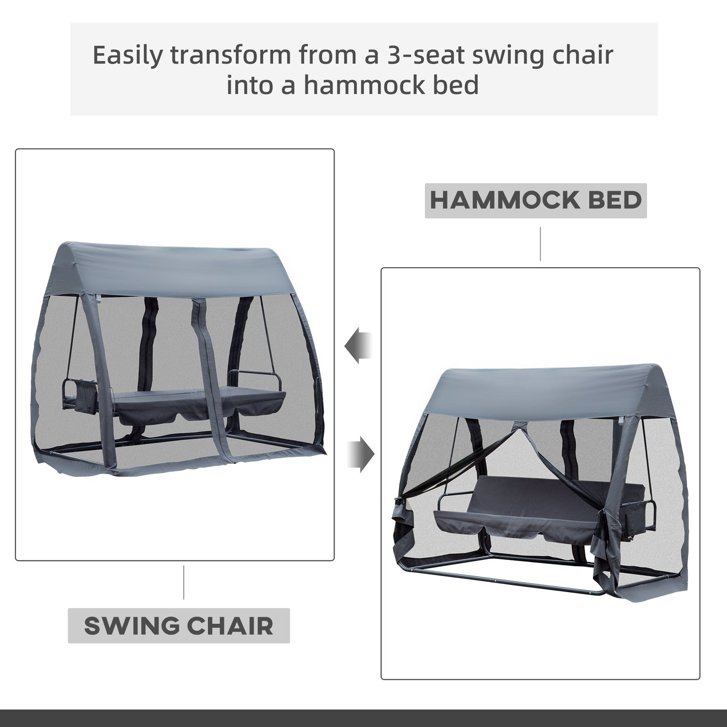 Outsunny Swing Chair Lounger Bed, 3 Persons, Convertible-Grey