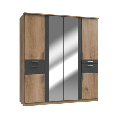 Modern 4 Door Wardrobe with Drawers and Mirrors | Stylish Oak & Graphite Finish | Ample Storage Solutions