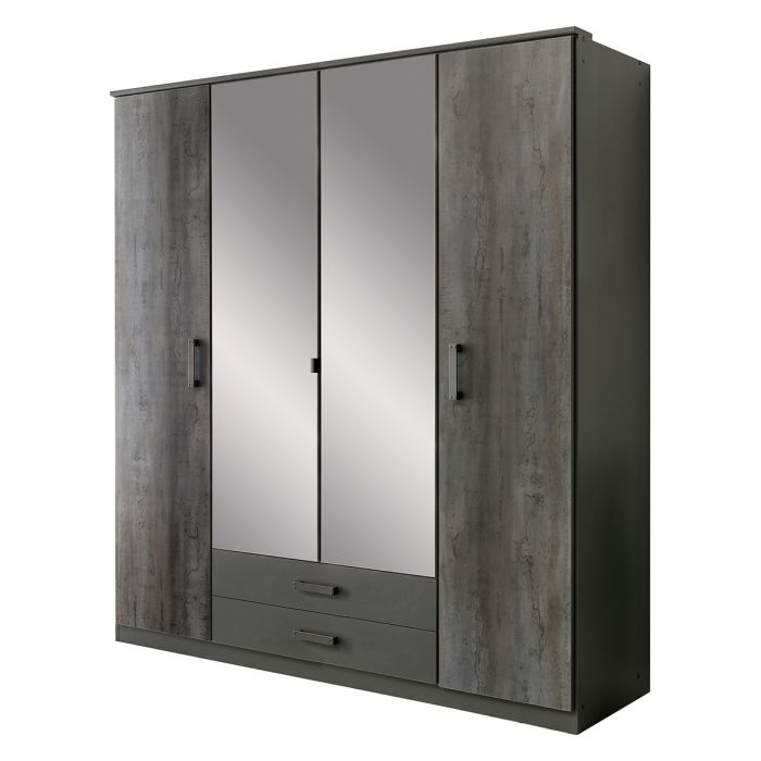Darwin Grey 4 Door Wardrobe with 2 Drawers, Shelves & Hanging Rails