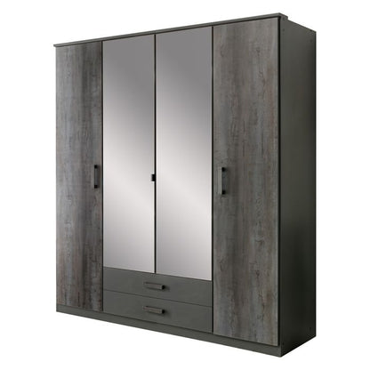 Darwin Grey 4 Door Wardrobe with 2 Drawers, Shelves & Hanging Rails