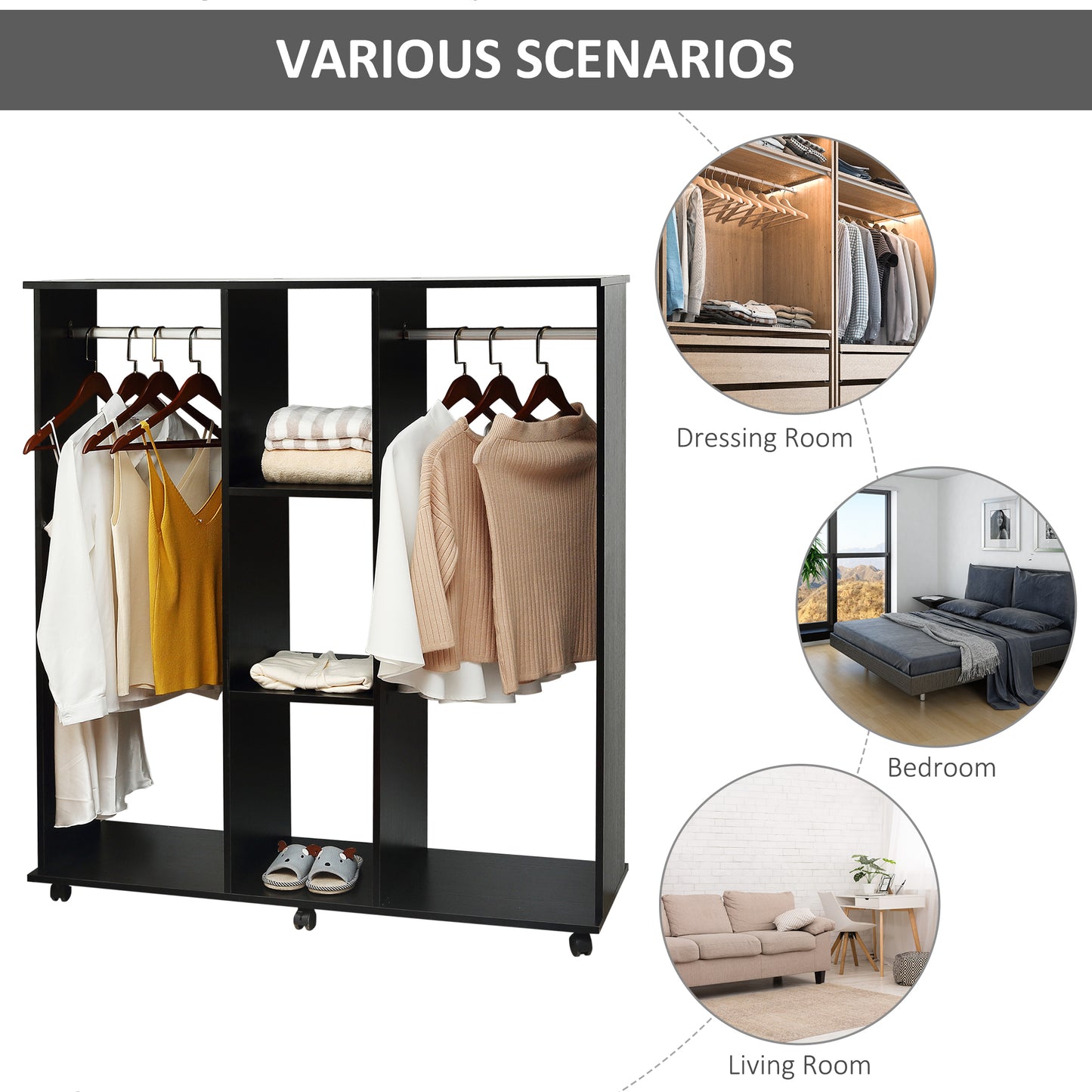 HOMCOM ouble Open Wardrobe on Wheels, Bedroom Wardrobe with Clothes Hanging Rails, 3 Storage Shelves, Mobile Garment Rack for Cloakroom, Hallway, Black