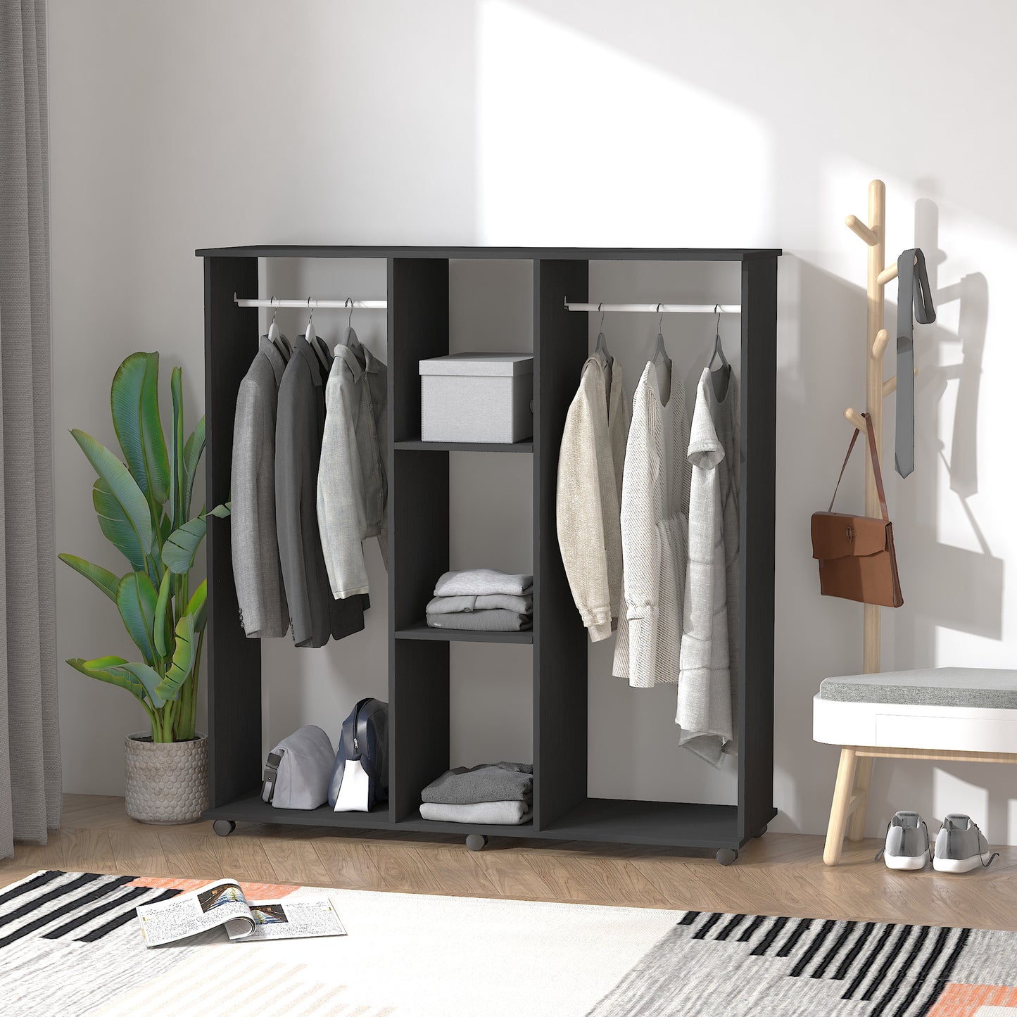 HOMCOM ouble Open Wardrobe on Wheels, Bedroom Wardrobe with Clothes Hanging Rails, 3 Storage Shelves, Mobile Garment Rack for Cloakroom, Hallway, Black