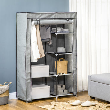 HOMCOM abric Wardrobe, Portable Wardrobe with 6 Shelves, 1 Hanging Rail, Foldable Closets, 103 x 43 x 162.5 cm, Light Grey
