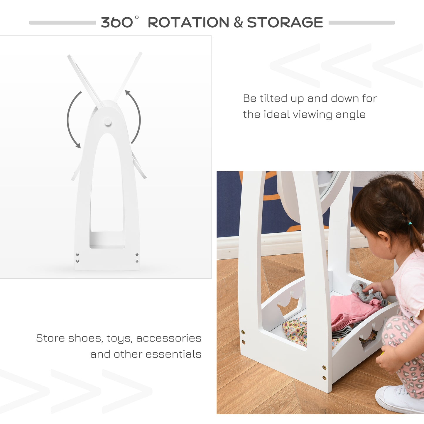 HOMCOM ree Standing Full Length Mirror, Child's Dressing Mirror with storage shelf, Children's White Bedroom Furniture 360° Rotation MDF, For 3- 8 Years Old, 40L x 30W x 104H cm