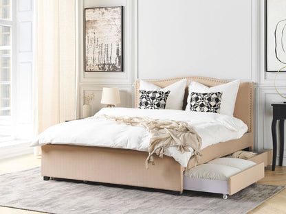 Beige Upholstered Super King Bed Frame with Storage Drawers
