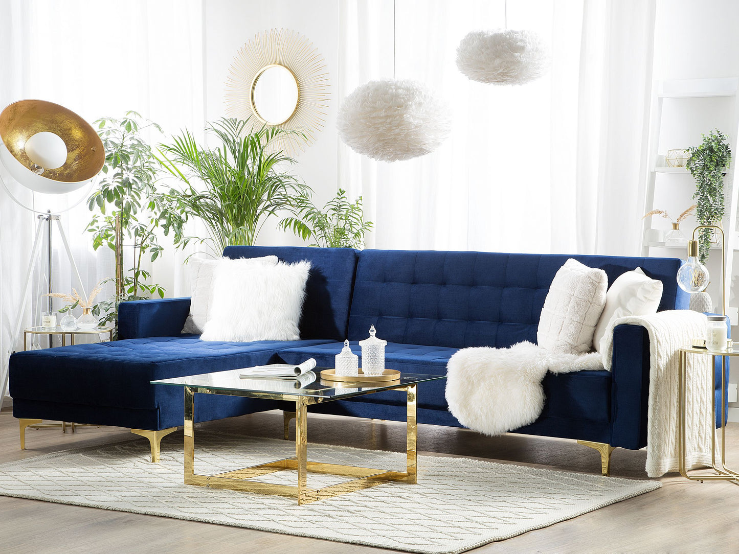 Modern Navy Blue Velvet L-Shaped Sofa Bed with Chaise