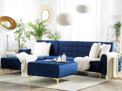 Navy Blue Velvet L-Shaped Sofa Bed with Ottoman & Chaise