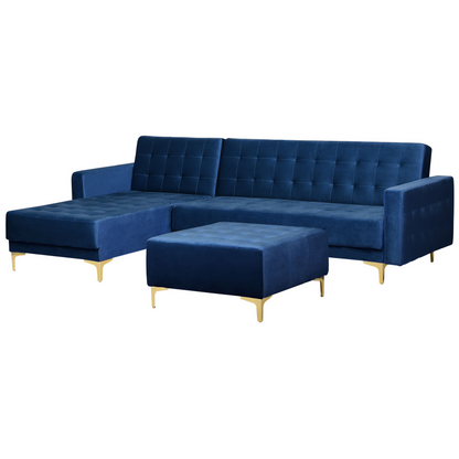 Navy Blue Velvet L-Shaped Sofa Bed with Ottoman & Chaise