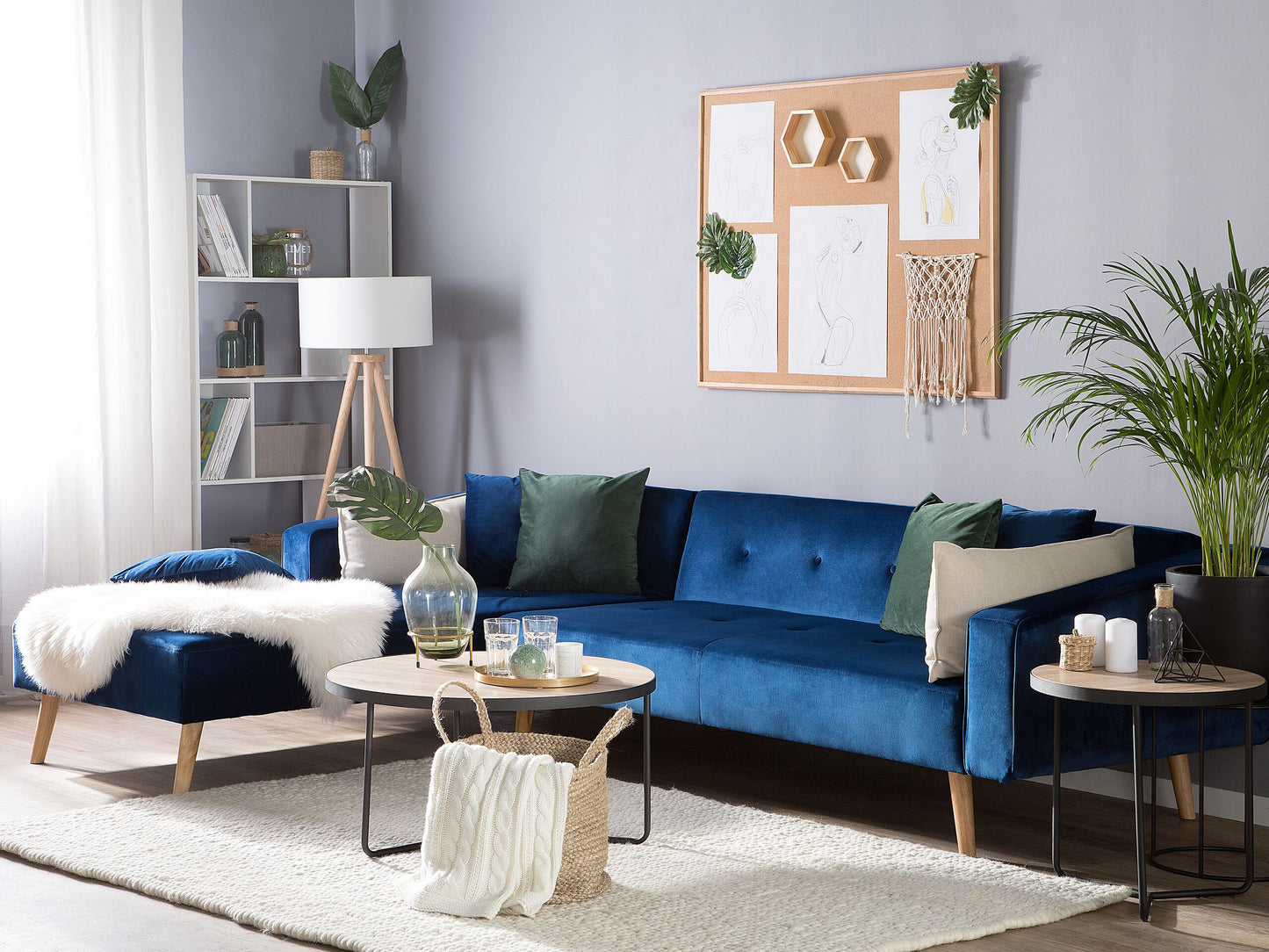 Blue Velvet Corner Sofa Bed with Chaise & 3 Pillows