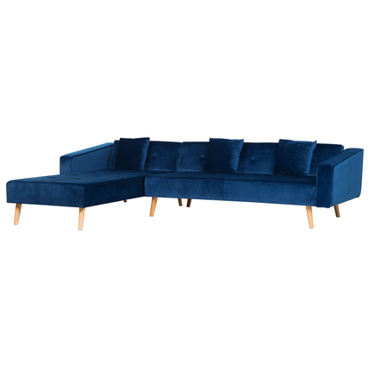 Blue Velvet Corner Sofa Bed with Chaise & 3 Pillows