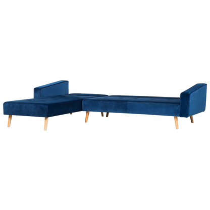 Blue Velvet Corner Sofa Bed with Chaise & 3 Pillows