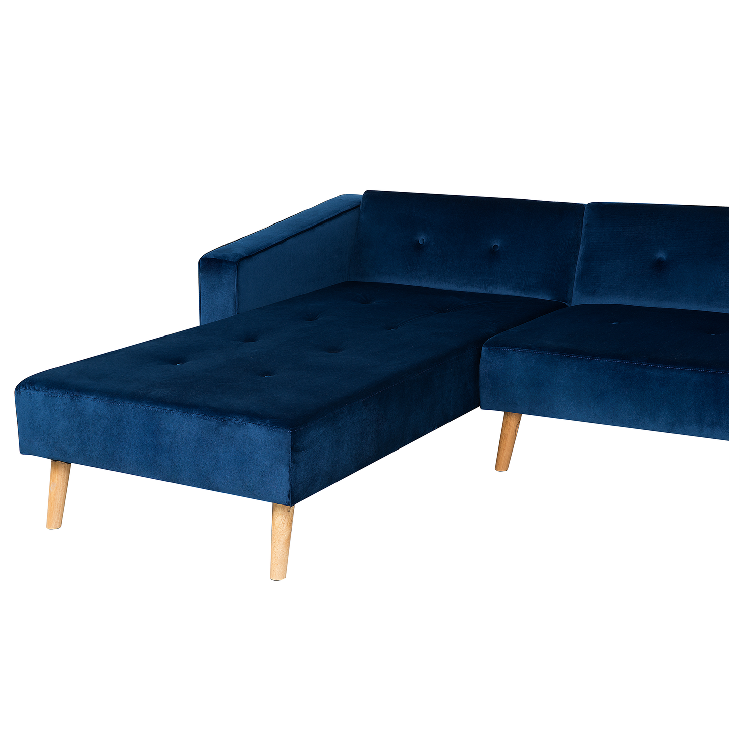 Blue Velvet Corner Sofa Bed with Chaise & 3 Pillows