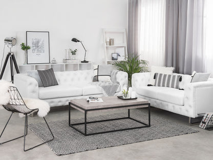 Chic White Chesterfield Sofa Set with Tuxedo Arms & Silver Legs