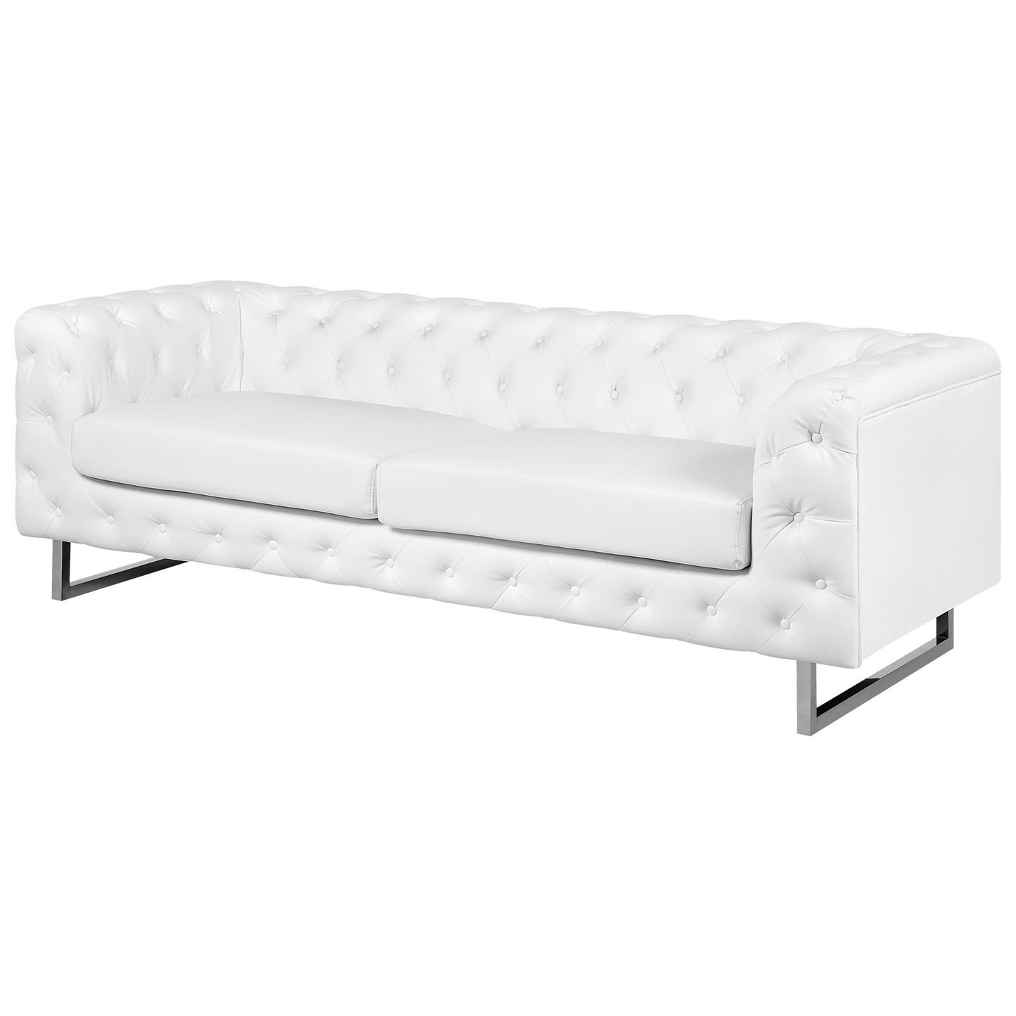 Chic White Chesterfield Sofa Set with Tuxedo Arms & Silver Legs