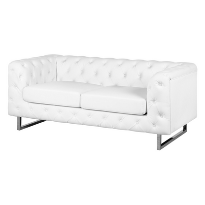 Chic White Chesterfield Sofa Set with Tuxedo Arms & Silver Legs