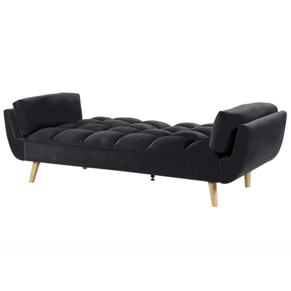Black Velvet 3-Seater Sofa Bed with Split Back & Wooden Legs