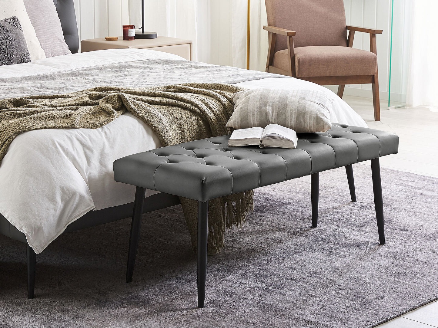 Grey Faux Leather Bedroom Bench with Metal Legs & Buttoned Design
