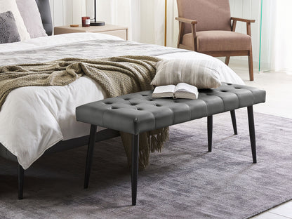Grey Faux Leather Bedroom Bench with Metal Legs & Buttoned Design