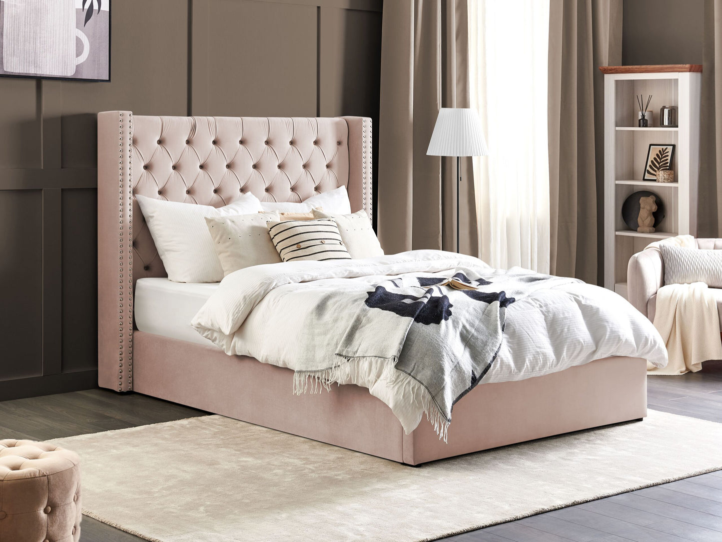 Pink Velvet Double Bed Frame with Storage & High Headboard