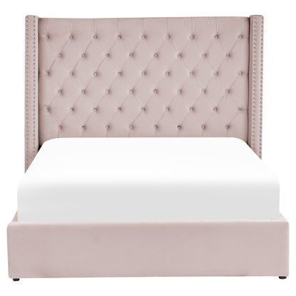 Pink Velvet Double Bed Frame with Storage & High Headboard
