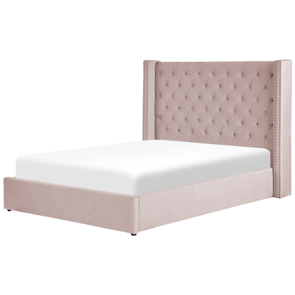 Pink Velvet Double Bed Frame with Storage & High Headboard
