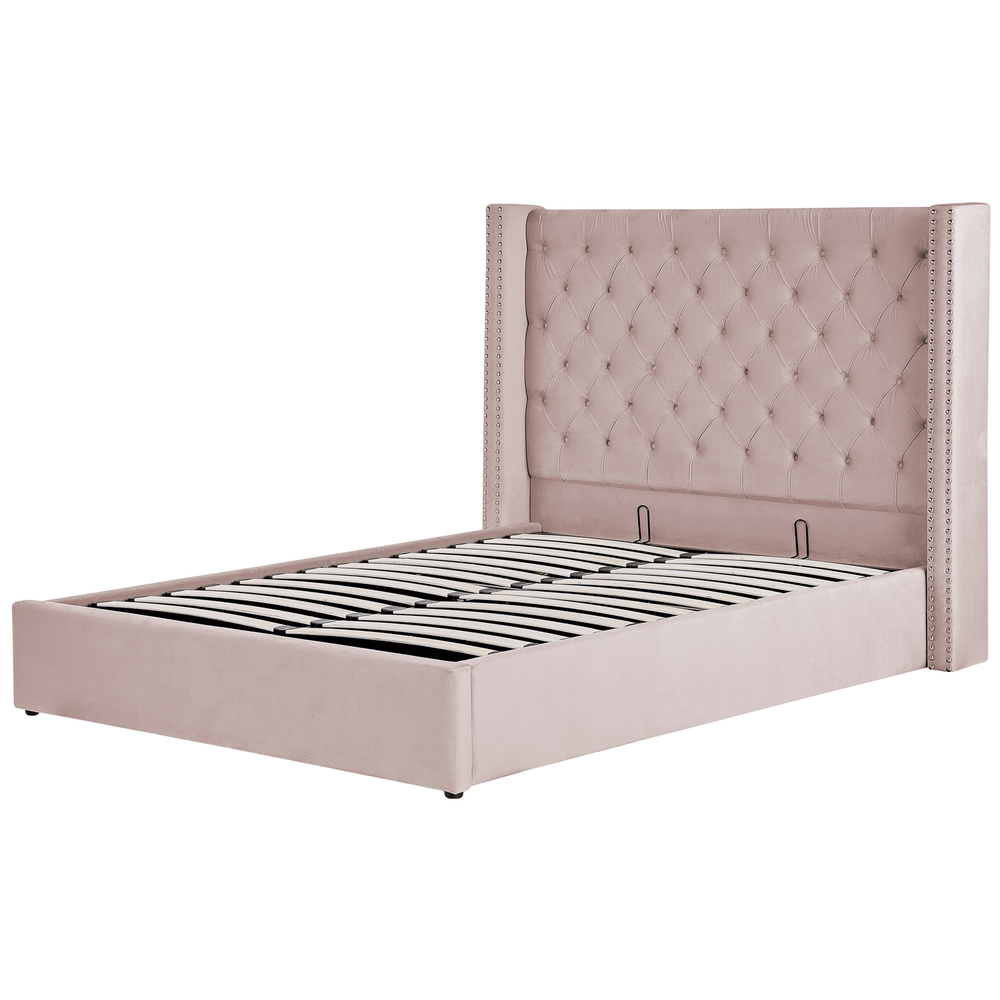 Pink Velvet Double Bed Frame with Storage & High Headboard