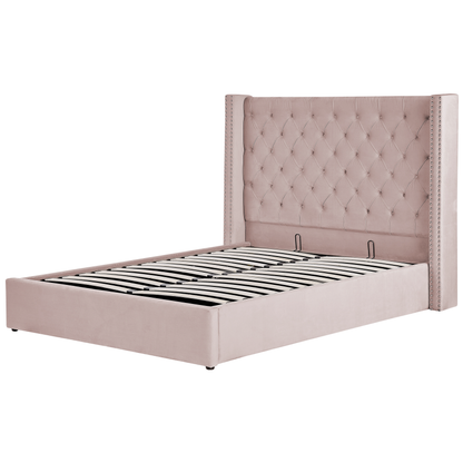 Pink Velvet Double Bed Frame with Storage & High Headboard