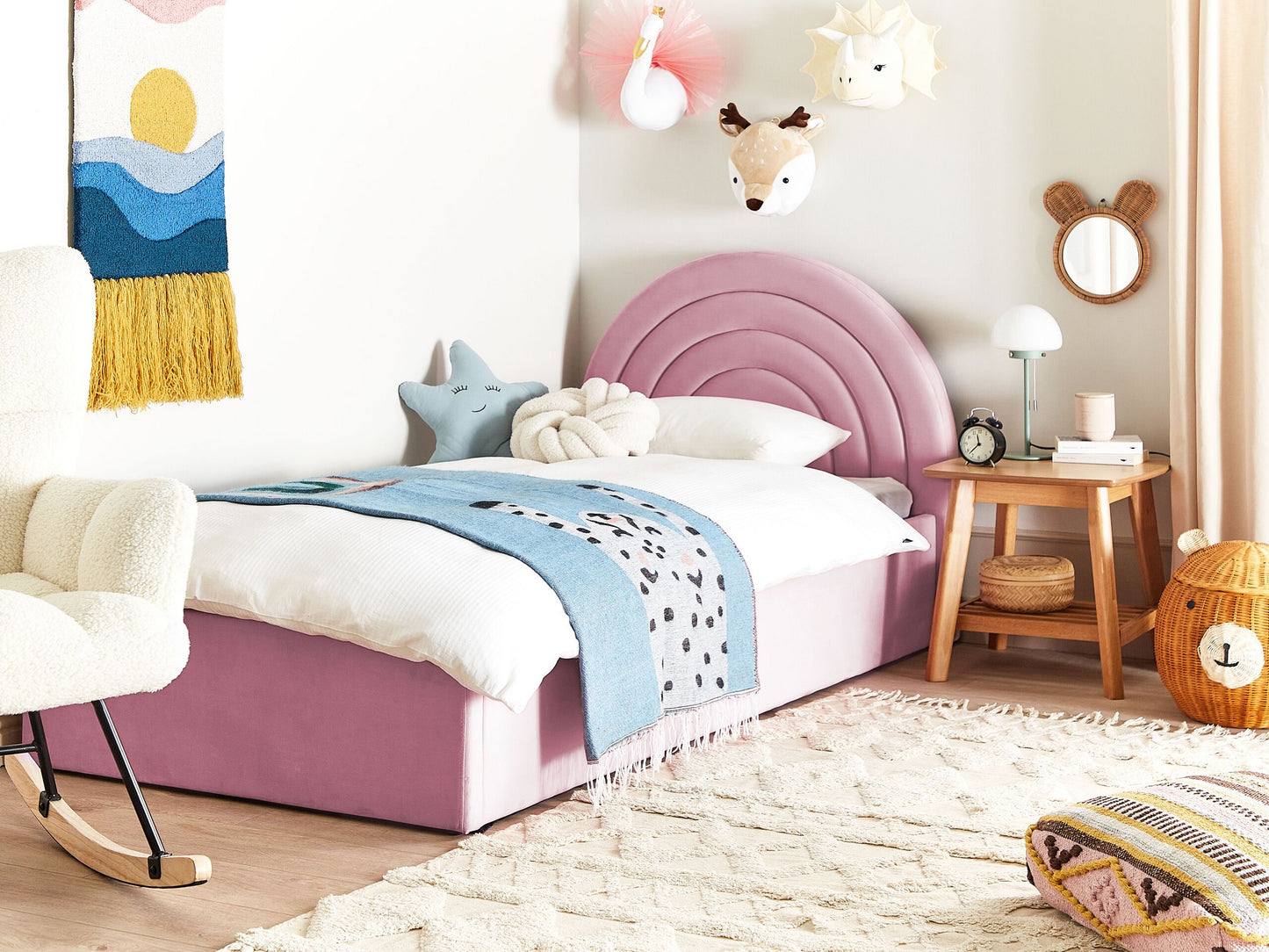 Pink Velvet Ottoman Bed with Storage & Retro Half-Round Headboard