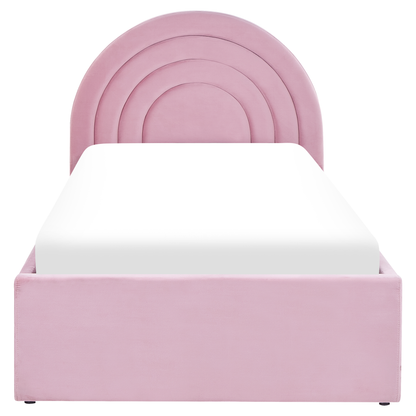 Pink Velvet Ottoman Bed with Storage & Retro Half-Round Headboard