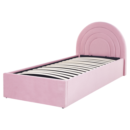 Pink Velvet Ottoman Bed with Storage & Retro Half-Round Headboard