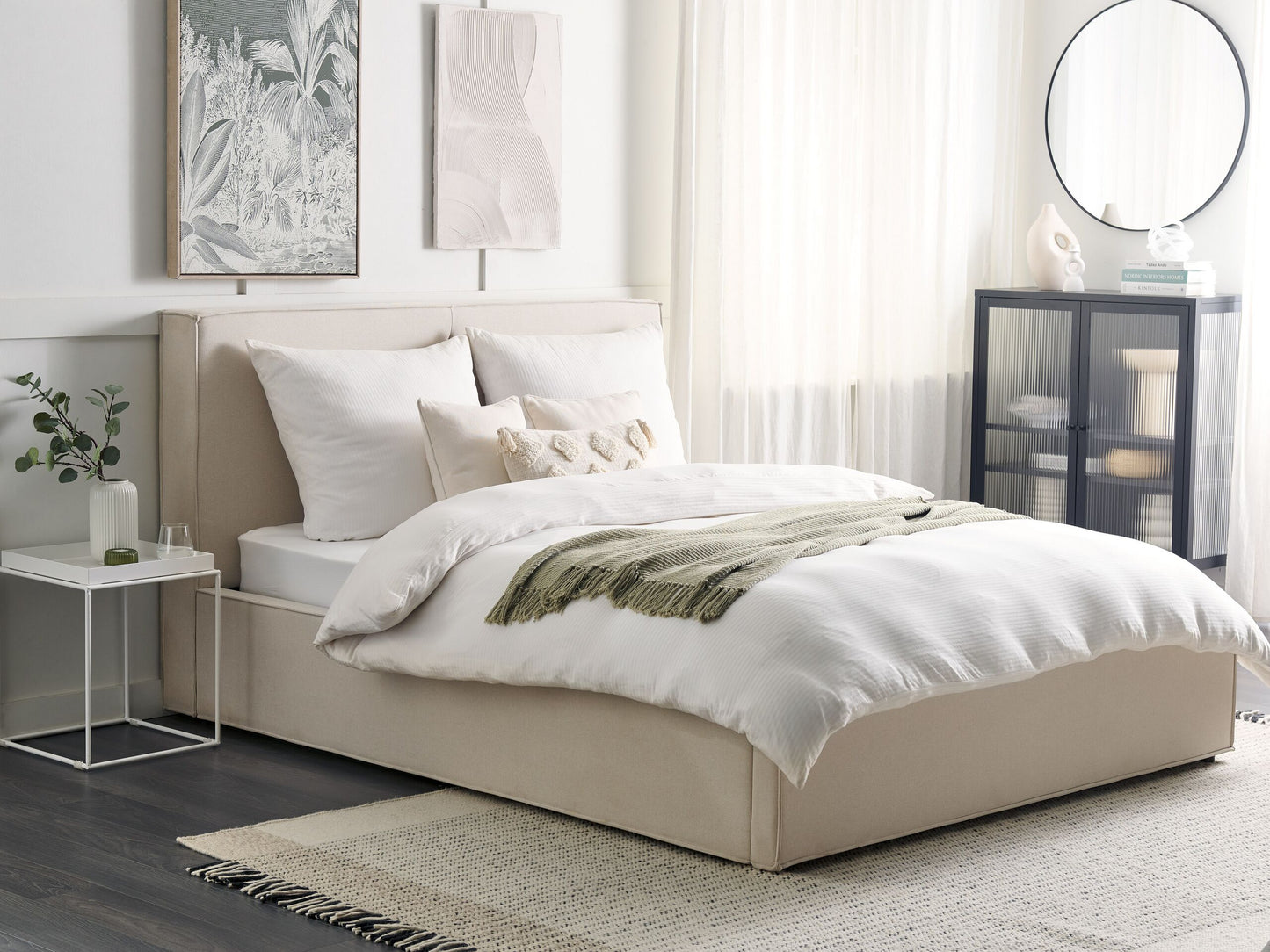 Beige Fabric King Size Ottoman Bed with Storage & Slatted Frame